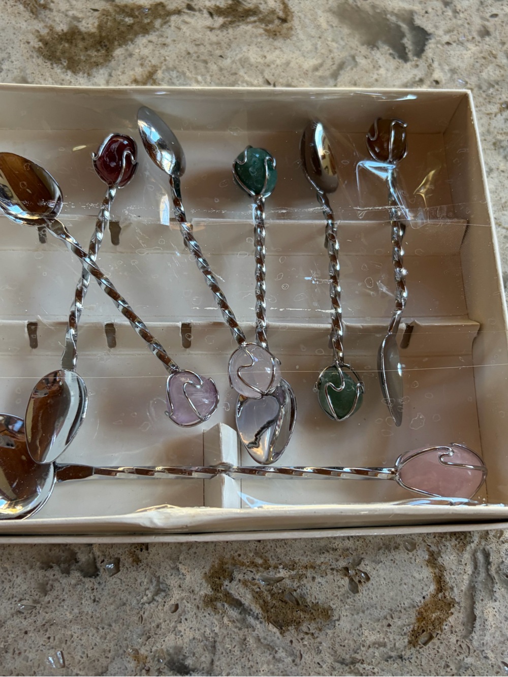 Vintage From Brazil With Love Gemstone Demitasse Spoon Set NIB 7 Pc Twisted Stem